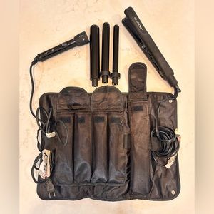 NuMe interchangeable curling wands and hair straightener set with travel bag.